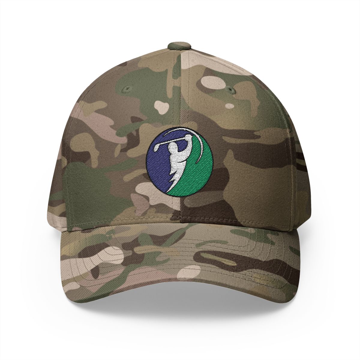 Charcoal & Teal logo on Multicam Green (front)