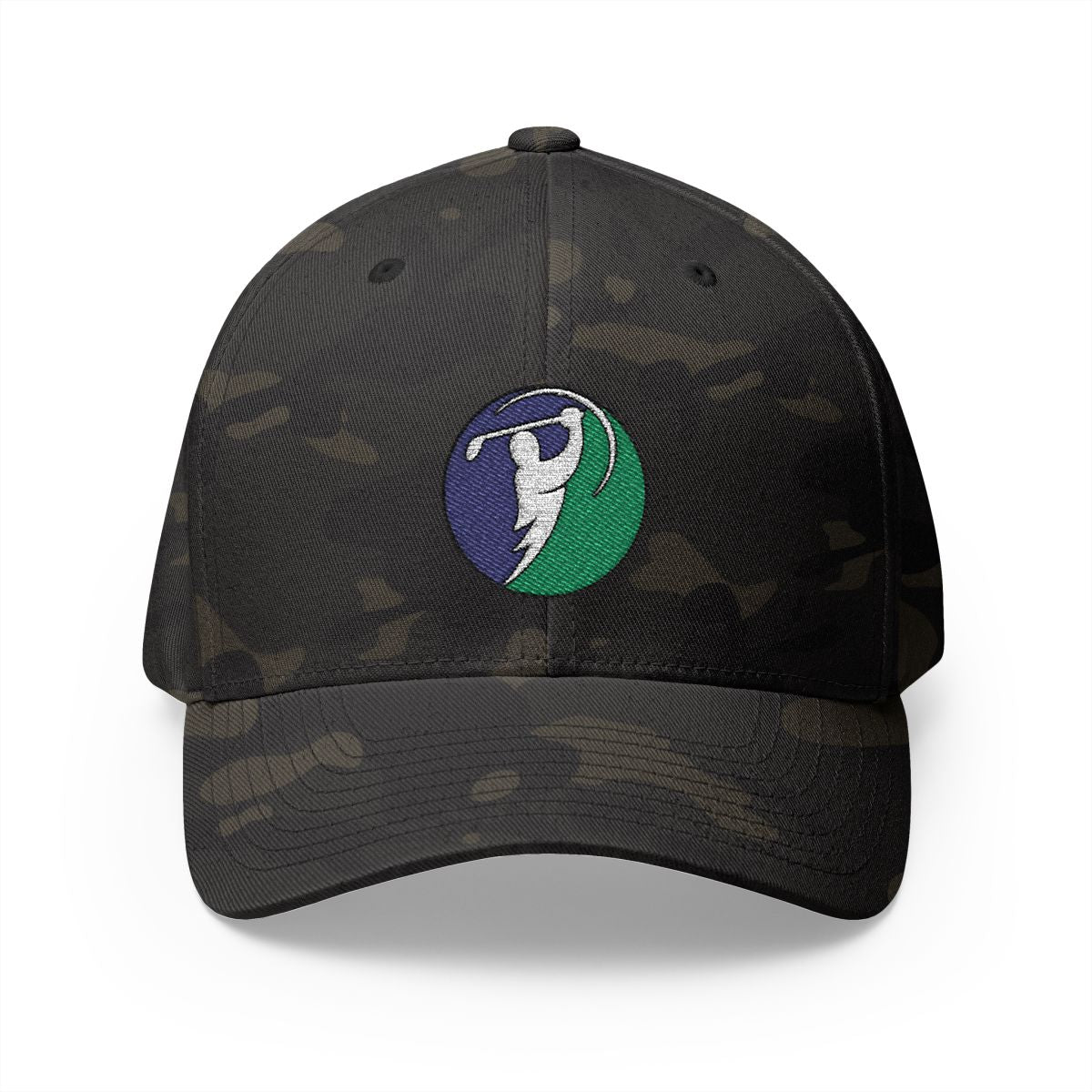 Charcoal & Teal logo on Multicam Black (front)