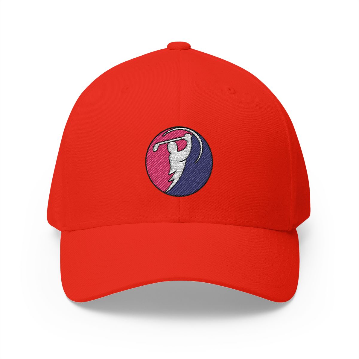Fuchsia & Navy logo on Red (front)