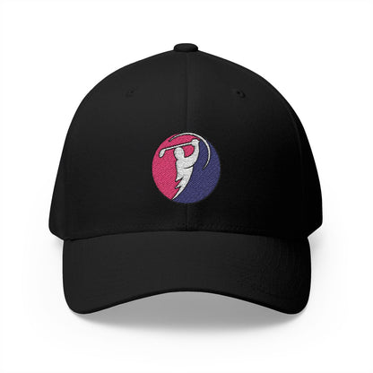 Fuchsia & Navy logo on Black (front)