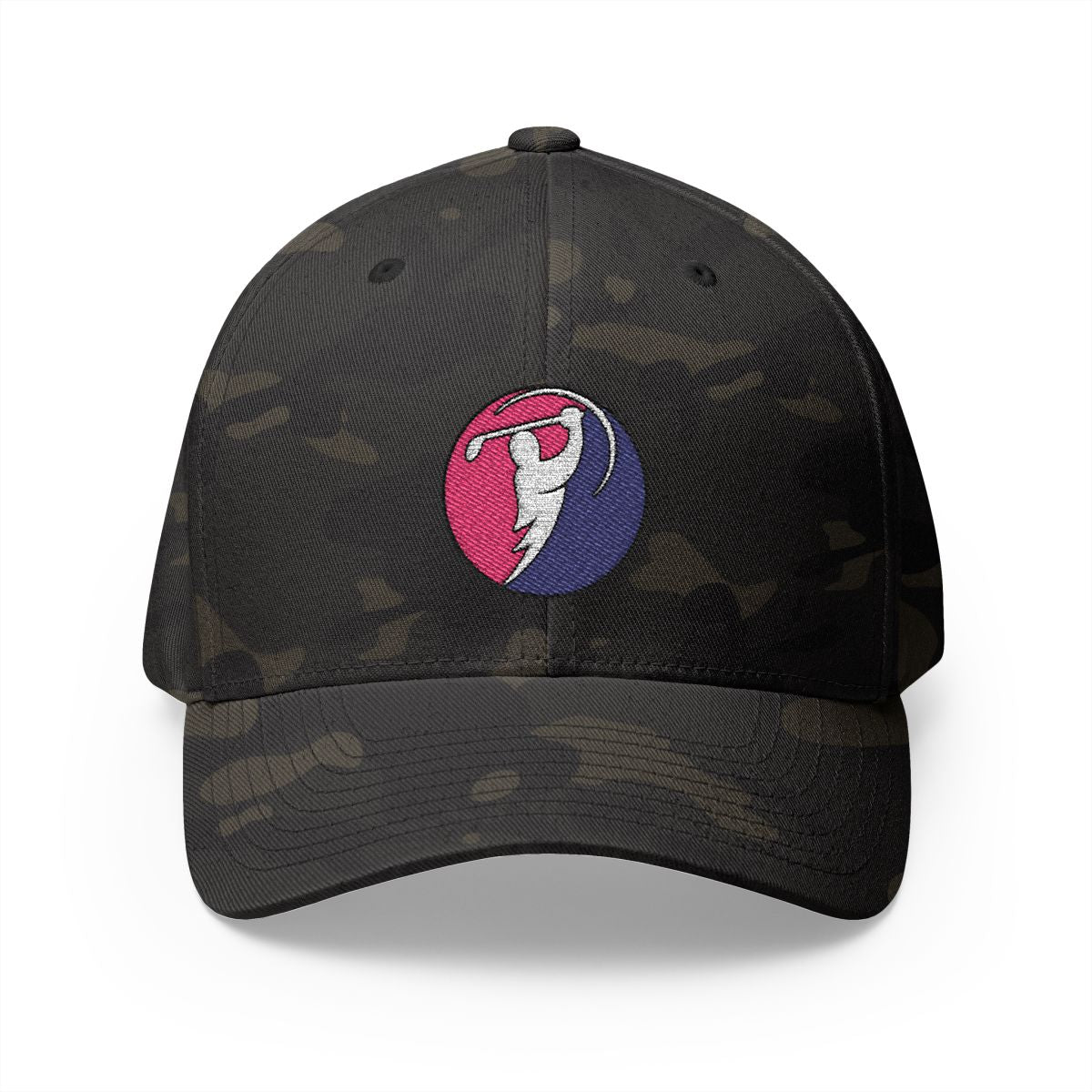 Fuchsia & Navy logo on Multicam Black (front)