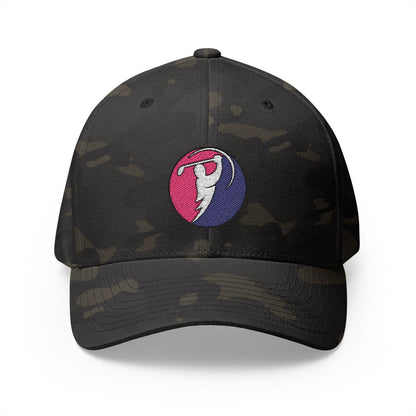 Fuchsia & Navy logo on Multicam Black (front)