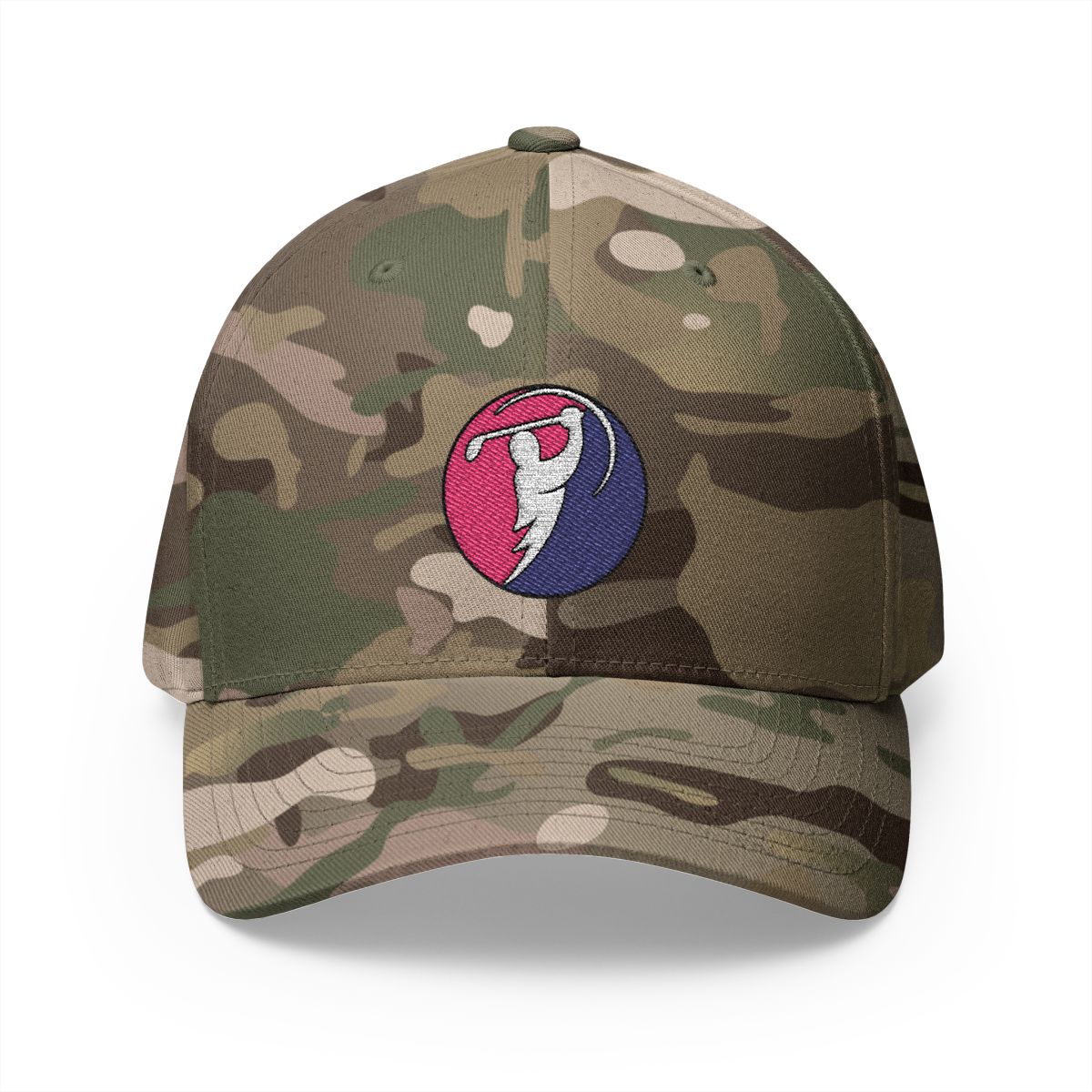 Fuchsia & Navy logo on Multicam Green (front)