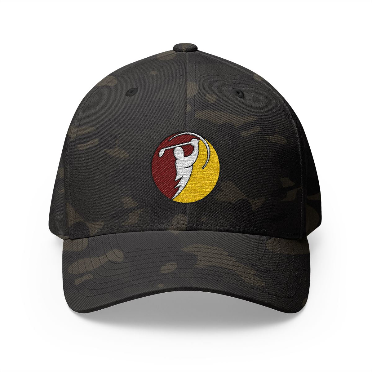 Maroon & Gold logo on Multicam Black (front)