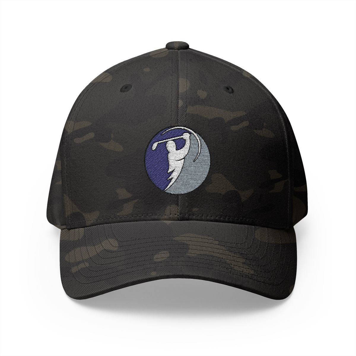 Navy & Silver logo on Multicam Black (front)