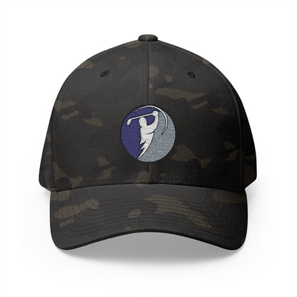 Navy & Silver logo on Multicam Black (front)