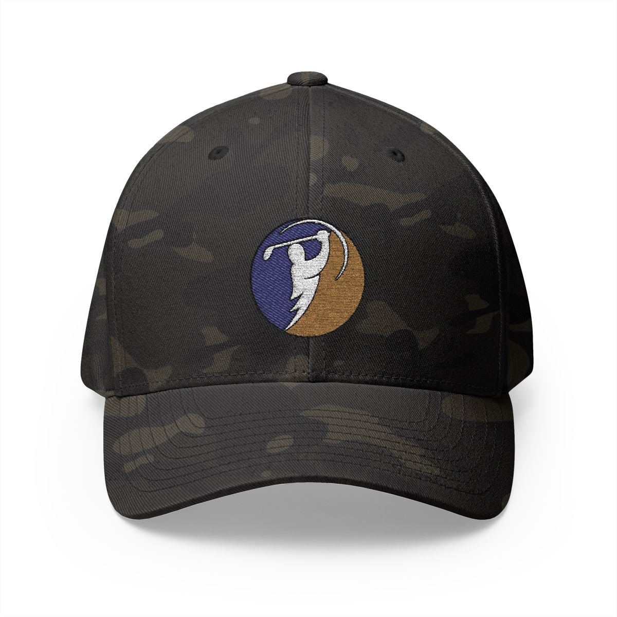 Purple & Gold logo on Multicam Black (front)