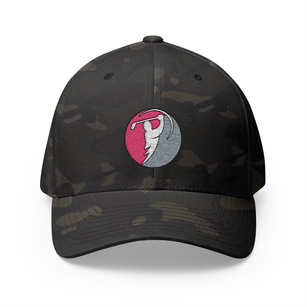 Rose & Turquoise logo on Multicam Black (front)