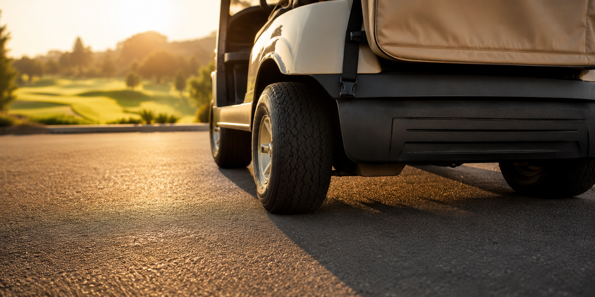 Golf cart tires on pavement at golden hour