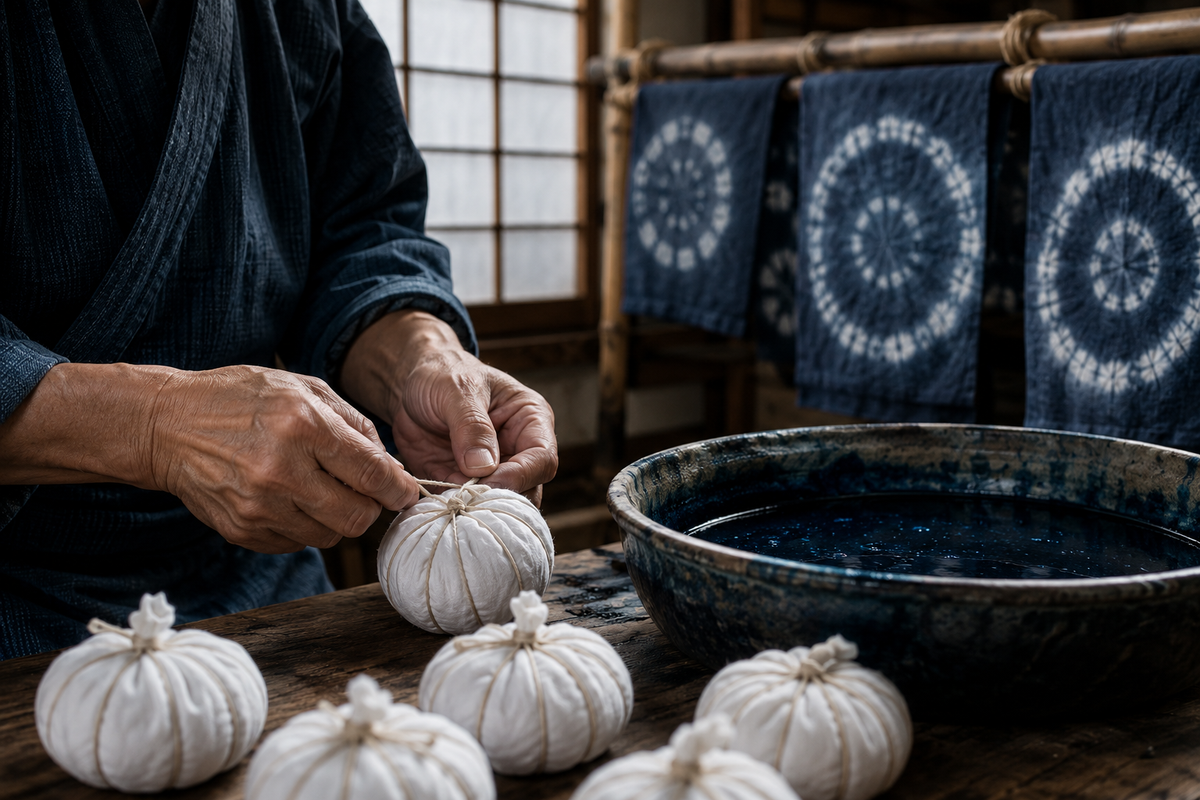 Japanese artisan binding fabric for kumo shibori