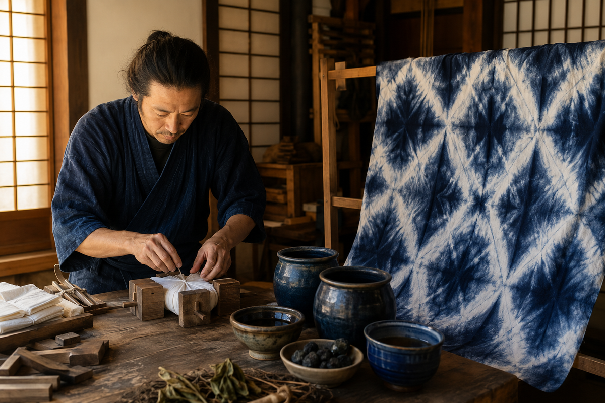 Sekka itajime shibori craftsman with kaleidoscope textile