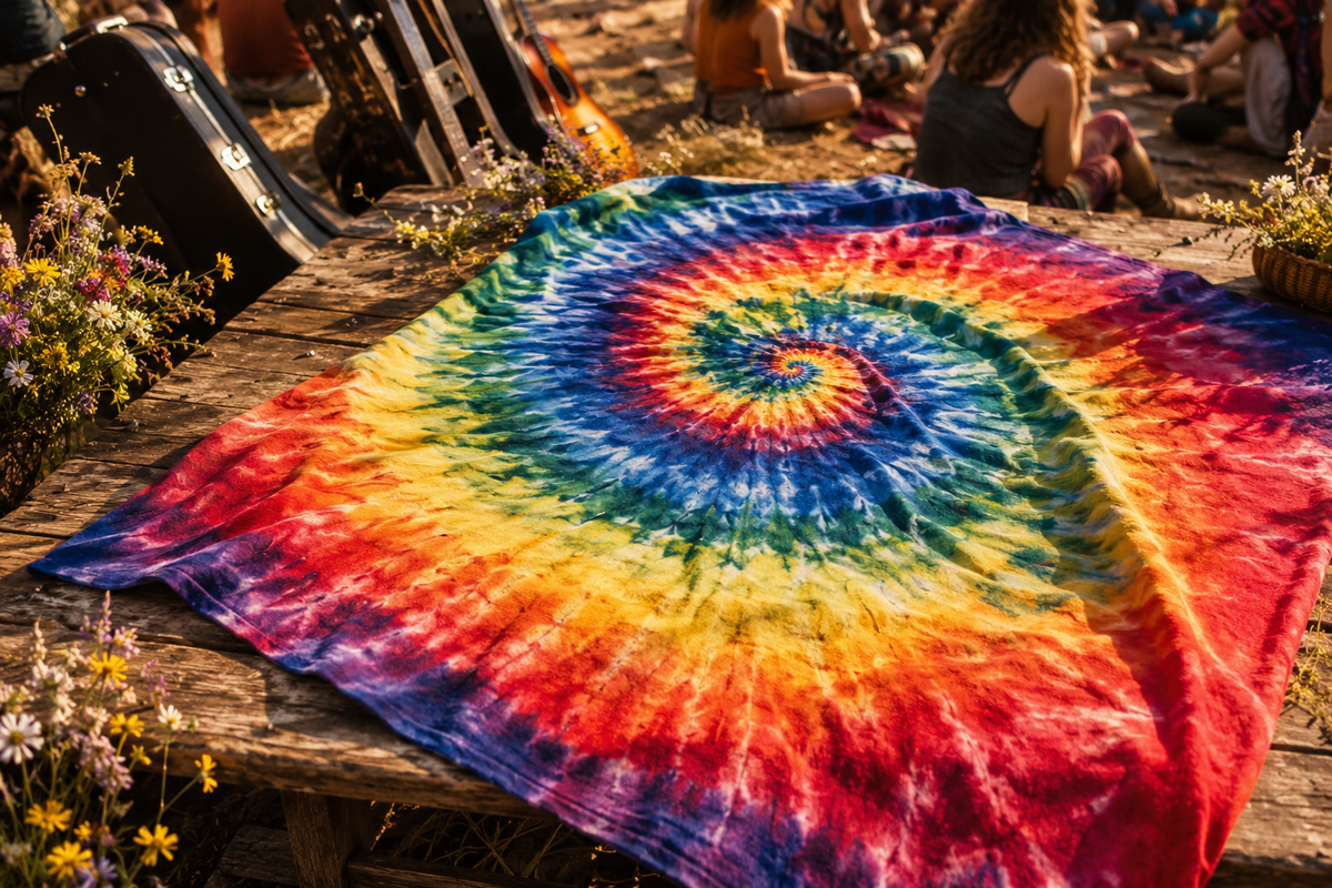 Colorful spiral tie-dye at 1960s festival